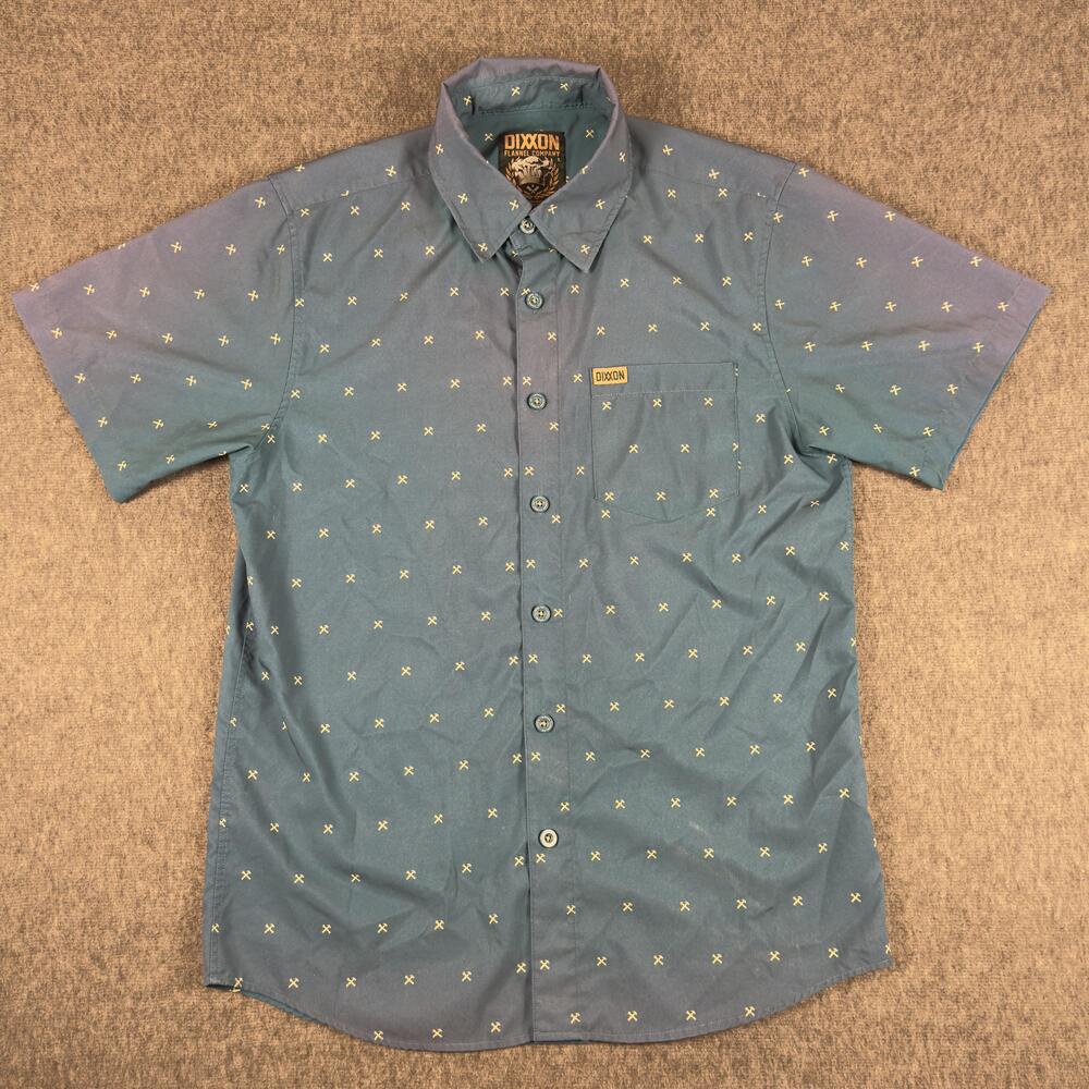 Dixxon Shirt Mens Small Blue Graphic Short Sleeve Button Up Stretch Casual Woven